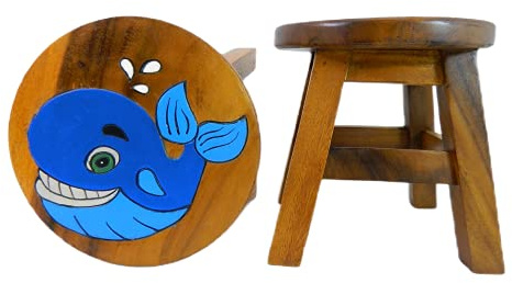 Children's Wooden Stool, Blue Whale Design - Handmade Acacia Wood - Small Chair, Footstool or Side Table - Nursery & Bedroom Decor - Fun Step Stool for Kids - Ideal Christmas & Birthday Gift