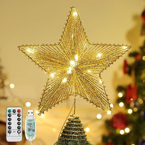 Lewondr Estrella para Copa del Árbol de Navidad, Adorno Navideño para Copa Árbol Iluminado con LED Luz Cálidas Lentejuelas Decoración Navidad Hogar para Casa Exterior Fiesta Jardín, Oro Luminoso