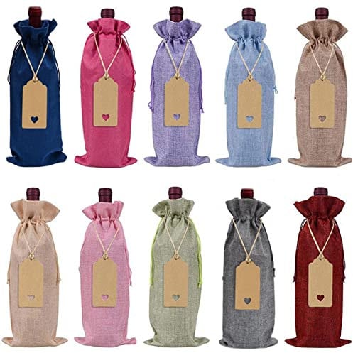 Ligege Sacchetti Regalo per Vino in Juta, 10 Pezzi Sacchetti per Bottiglie di Vino in Juta di Lino con Coulisse per Bottiglie di Vino Etichette in Carta per Decorazioni Natalizie per la tavola