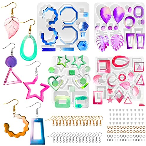 4 Stück Ohrring-Harzformen, SENHAI Mode Multi-Stil Schmuck Silikonformen Anhänger Formen, mit Ohrhaken, offenen Schlaufen und transparenten Ohrstöpseln, für die Herstellung von Ohrringen, Anhängern