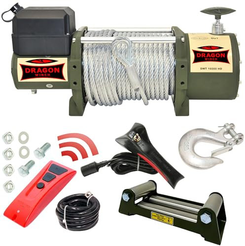 Dragon Winch Treuil électrique Truck 16000 lbs 7257 kg, 12V avec câble en acier 31m pour les véhicules industriels, les véhicules pompiers et les camions avec télécommande sans fil + accessoires