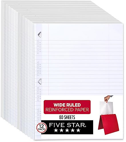 Five Star Loseblattpapier, 12 Stück, Notizpapier, breit liniert, Füllpapier, verstärkt, 8 x 10,5, 80 Blatt pro Packung (150026-ECM)