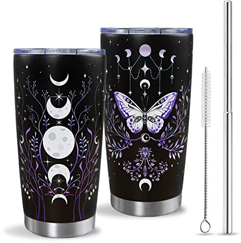 Gothic Butterfly Tumbler with Lid and Straw, Moon Phase Witch Cup Water Bottle Coffee Travel Mug Stainless Steel Vacuum Insulated 20 Oz Tumblers Black Purple, Goth Halloween Witchy Gifts for Women
