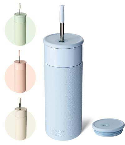 BOTTLE BOTTLE Insulated Travel Mug with Straw 590ml(20oz) Stainless Steel Reusable Coffee Cup Flask for Hot Drink Thermal Mug Tumbler with Silicone Sleeve(Sky Blue)