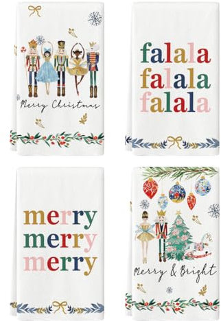 Artoid Mode Lot de 4 torchons de cuisine motif Casse-noisette Joyeux Noël 42 x 65 cm Merry and Bright Xmas Décoration d'hiver
