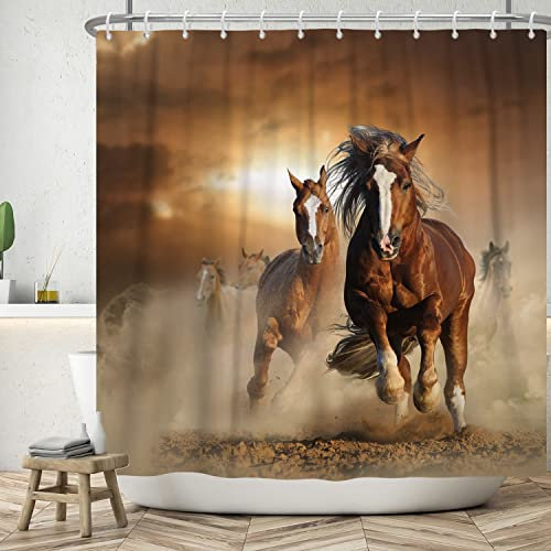 ASDCXZ Rideau de Douche Cheval 180x200 cm, Marron Vintage Un Troupeau de Chevaux Courant Lavables Rideau Douche imperméable en Textile de pour Baignoire avec 12 Crochets