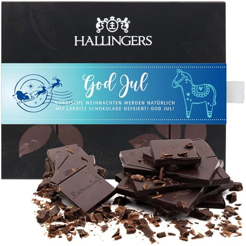 Hallingers Genuss Manufaktur Vegane Schokolade Weihnachts-Geschenk - Tafel aus handgeschöpftem Edelkakao ohne Alkohol edler Karton God Jul Lakritz, Weihnachten Svenska