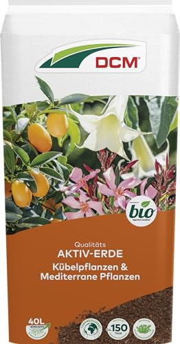 DCM AKTIV Erde Kübelpflanzen & Mediterrane Pflanzen - Spezialerde - Wasserspeicher Sphagnum-Moos - Mit organischem Dünger - Mit Mykorrhiza-Pilzen - Torfreduzierte Pflanzenerde - Bio - 20 L