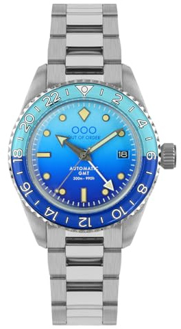 Out of Order BOMBA BLAU GMT Automatik Stahl Schwarz Blau Datum Saphir Herrenuhr, silber / schwarz, Armband