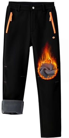 MoFiz Kinder Arbeitshose Softshellhose Kinder Skihose Thermohose Jungen Mädchen Weich mit Reißverschluss Tasche Schwarz-B 152-164