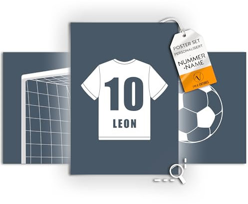 Vacentures Kinderzimmer Fußball Poster Personalisiert I Fussball Bilder Spielfeld für Jungen und Mädchen I 3x Poster DIN A4 - Set (Blau/Weiss, Tor)