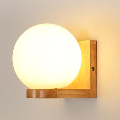 Mckalen Holz Wandleuchte Innen, Modern Wandlampe E27 mit Kugel Glas Lampenschirm, Weiß Wandbeleuchtung für Schlafzimmer Flur Wohnzimmer Esszimmer Küche Treppenhaus