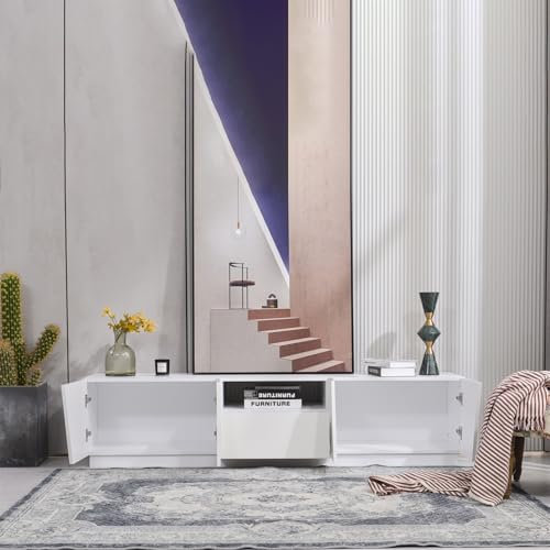 Meuble TV Moderne, Meuble Multimédia avec Quatre Portes Et Deux Compartiments Ouverts, Buffet avec Meuble Design Biseauté Et Design sur Pied pour Le Salon