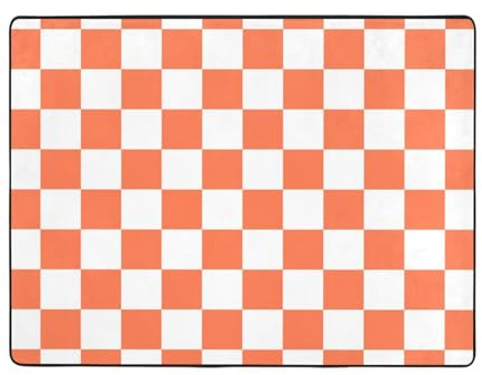 Quadratischer Teppich Weiß Orange Kariert Wohnzimmer Weich Waschbar Teppich für Schlafzimmer 150x122cm für Innen Schlafzimmer Wohnzimmer