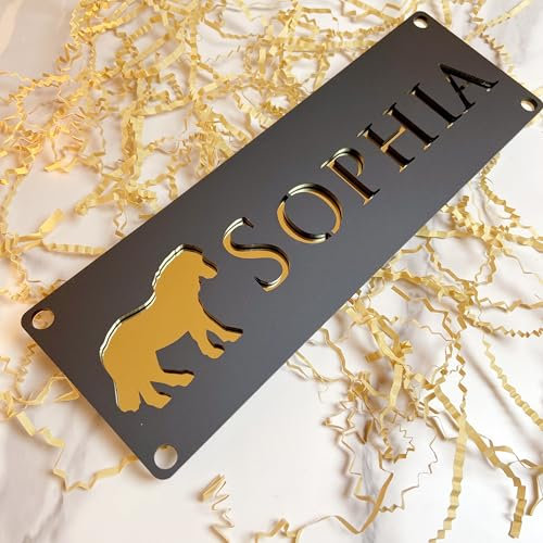 Placa personalizada de acrílico moderno para números de casa, diseño 3D en Negro y Oro con corte láser, señalización exterior con nombre de calle y número cívico para hogar o finca Pony (Modelo 6)