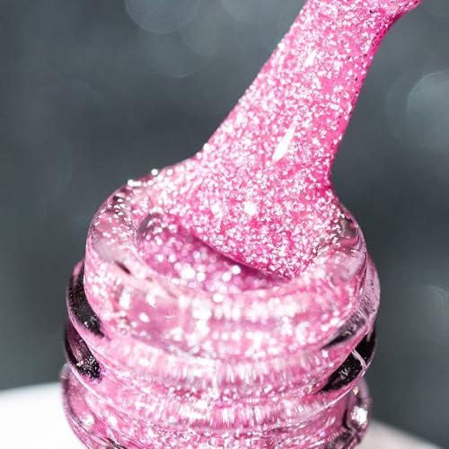 BURANO Pink Reflective Glitter Gel Nail Polish, UV LED 7.3ml Sparkle Nail Polish Holographic Glitter Gel Curing Need for DIY Home S21