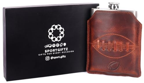 SPORTGIFTZ - Buffalo Leather Hip Flask | 8oz Capacity | Brown Leather Cover | Ideal for Rugby Enthusiasts | Includes Portable Pouch | Retro Rugby Ball Stitching, Brown, Metal