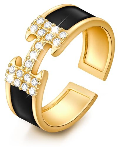 Ring Gold Damen Ring Gold Silber Ringe 925 Frauen Verstellbar Goldene Ringe Vergoldet öffnen Fingerring Dame Mit Zirkonia Schwarz Rand, Goldring Silberringe Damenring Geschenk Für Frauen Schmuck