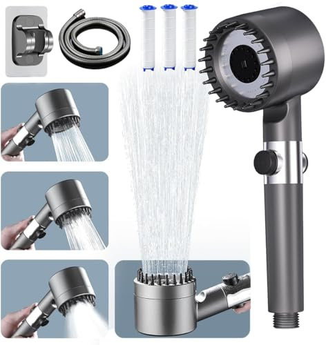 Pommeau de Douche anti Calcaire,Pommeau de Douche Haute Pression avec Tuyau Douche 1.5M et Support de Douche, Pommeau de Duche Economie Deau avec Filtre 4 Types de Jets avec Bouton D'arrêt D'eau Gris