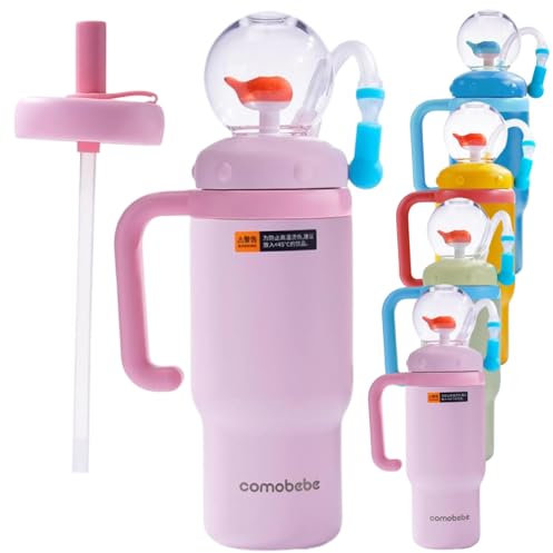 24oz Fountain Tumbler Kids with Fun Fountain Effect, Stainless Steel Whale Fountain Tumbler with Handle, Drinking Cup With Whale Squirt with Two Lids, Spill-Proof, Dishwasher Safe, Perfect for Kids