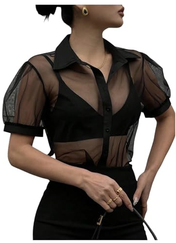 GORGLITTER Women's Sheer Puff Sleeve Tops Blouse Dressy Casual Y2K Mesh Cropped Button Down Shirt Concert Going Out Top Black Mesh Medium