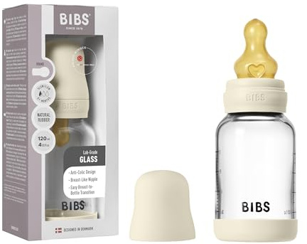 BIBS Baby Glasflasche 120ml, Vermindert Koliken, Runder Sauger aus Naturkautschuklatex, Unterstützt das Stillen. Hergestellt in Dänemark, Complete Set, 120ml - Ivory