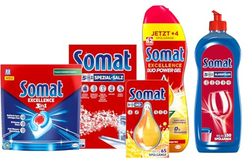 SOMAT Spülmaschinen Komplett-Set – Excellence 3in1 Caps 22 Stück + Duo Power Gel 992 ml + Salz 1,2 kg + Klarspüler 750 ml + Maschinenreiniger 12 Tabs + Deo – Reinigung, Schutz & Frische