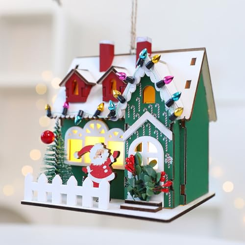 Xevinas Weihnachtsdorf Mit Beleuchtung, Weihnachtsdeko Holz Häuser Mit Aufhängeseilen, Led Holzhaus Deko Wichtelhaus Weihnachten, Weihnachtsdekoration Für Weihnachtsbäume, Fenster, Tisch (B)