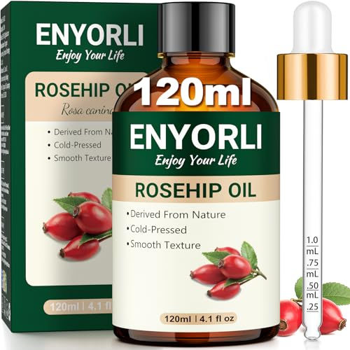 ENYORLI Hagebuttenöl 120ml Kaltgepresst, Rosehip Oil für Gesicht | Kaltgepresst, vegan, hexanfrei, Skala-Pipette, für Gesicht, Haut, Haare, Nägel, Massage & DIY