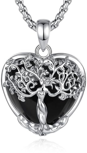 CELESTIA Femme Collier Arbre de Vie Plaqué Argent avec Améthyste Obsidienne Pierre de lune- Chaîne Réglable, Cadeau d'anniversaire/Fête des Mères pour Maman, Tant, Sœur