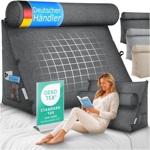 ELONEO Rückenkissen 70 cm breit mit Verstellbarer und Abnehmbarer Nackenrolle, Keilkissen für Bett und Sofa geeignet, dreieckiges Lesekissen, Kissen mit waschbarem Bezug, praktisches Seitenfach