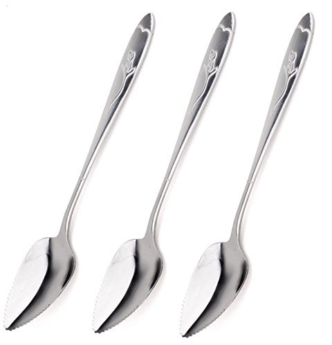 Kitchen Gadgets 16,5 cm 3 piezas de acero inoxidable de pomelo cucharas de mango largo de sierra, cuchara raspadora de frutas y verduras herramientas para el hogar - plata