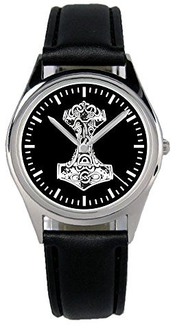 KIESENBERG Armbanduhr Thors Hammer Glaube Mjölnir Wikinger Geschenk Artikel Idee Fan Damen Herren Unisex Analog Quartz Lederarmband Uhr 36mm Durchmesser B-1235