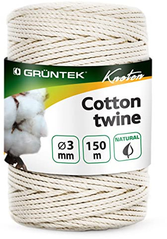 GRÜNTEK Baumwollschnur 3 mm, 150 Meter, Bindegarn, Kordel, Baumwolle Gartenschnur, Makramee Garn Bastelschnur, Kordel Rolle Naturfarbe, 100 Prozent Baumwolle