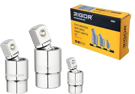 RIGOR 25011 Universal Joint Swivel Socket Adapter Set | 3 Piece, 1/2, 3/8, 1/4 U joint Drive | Pinless Joint Design, Premium CR-V Steel | Include an Aluminum Socket Rail