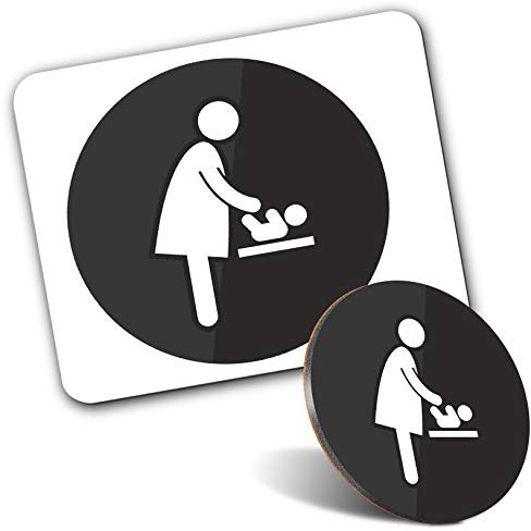 Rectangle Mouse Mat & Round Coaster Set - Baby Changing Sign Office Cafe 20 cm & 9 cm for Computer & Laptop, Office, Gift, Non-slip Base #7840