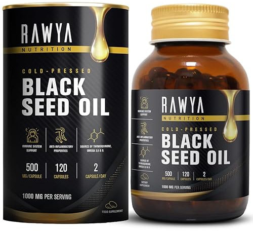 Rawya Black Seed Oil - 120 Softgel Capsules, Cold-Pressed Nigella Sativa, Pure Black Cumin Seed Oil, Rich in Omega Fatty Acids, Cumin Seeds for Radiant Skin & Hair Nourishment - 500mg Each