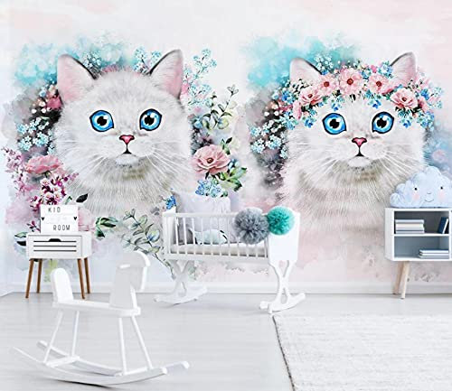 MUMUWUSG Papier Peint Intissé Tapisserie Murales Panoramique 3D Personnalisé Photo Mur Papier Peint Rose Fleur Mignon Chat Murale Chambre Salon Canapé Papier Peint 140X70Cm