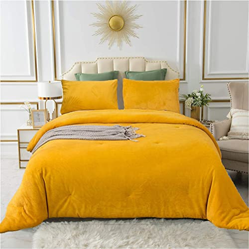 Cottonight Gelbes Samt-Bettwäsche-Set, für Damen und Herren, senfgelb, Flanell, Plüsch, flauschig, warm, schwer, Winterschere, Mikromink-Steppdecke, weich, bequem