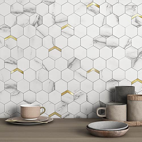VAOVI Stick on Tiles Kitchen Hexagon Marble Self Adhesive Backsplash Wall Panels,Honeycomb Metallic Mosaic Stickers Bathroom Waterproof(White Gold,5sheets)
