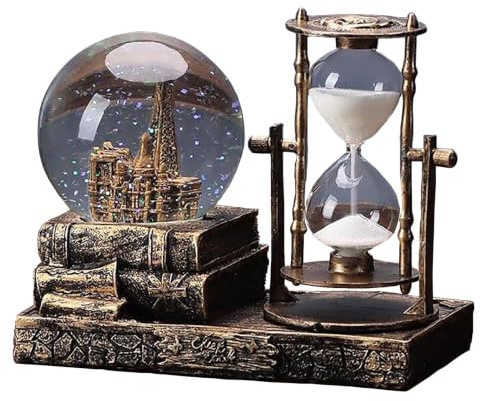 LED Music Snow Globe with Hourglass Vintage Castle Paris Eiffel Tower Home Decoration for Living Room Bedroom Book Shelf TV Cabinet Desk Table Top Decor Centerpieces Ornaments (A - Brass)