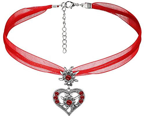 Damen Herz Edelweiß Halskette Trachtenkette Elegante Anhänger Kette Edelweiß Rot Herz Trachtenschmuck für Frauen Dirndl Lederhose Karneval