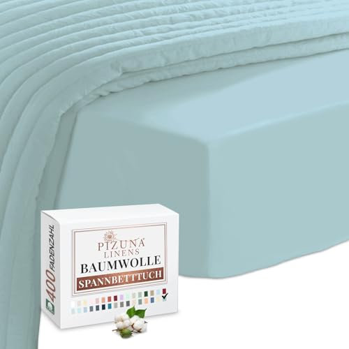 Pizuna 400 Baumwoll-Spannbetttuch 150x200-160x200cm Baby blau, 100% langes Baumwoll-Spannbetttuch, weiches Mako-Satin-Gewebe für bis zu 40 cm Matratzenhöhe (100% Baumwollbettlaken)