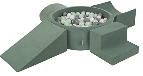 KiddyMoon Spielplatz Velvet Aus Schaumstoff Mit Samt Rund Bällebad (200 Bälle) + Version 5 Ballgruben Für Babys Spielbad, Hergestellt In EU, Waldgrün: Weiß/Grau/Minze