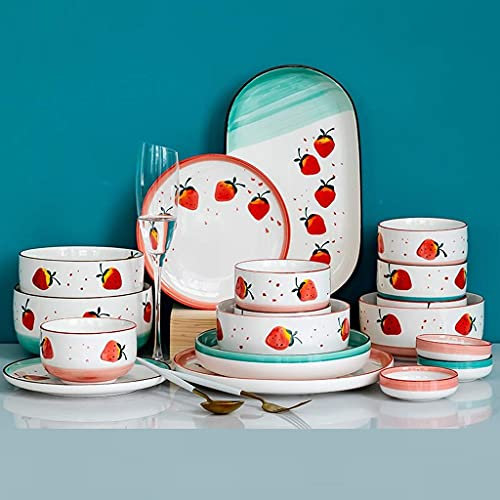 Ensembles De Vaisselle Fine, Ensemble De Vaisselle Assiette À Dîner, Service De Table en Porcelaine - 25 Pièces Assiettes en Céramique Motif Fraise Mignon