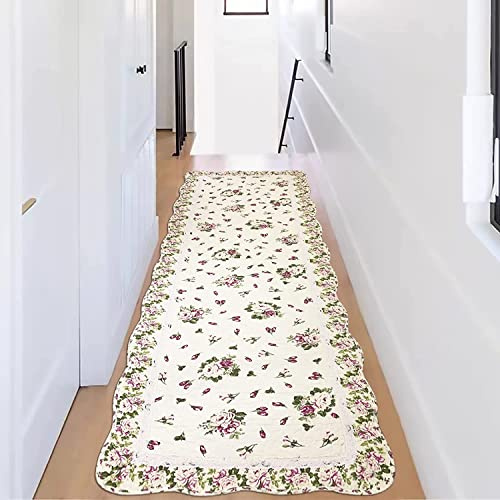 USTIDE Langer Rosen-Teppich für den Nachttisch, rustikale rosa Knospen, Läufer, gesteppt, Baumwolle, für Schlafzimmer, Flur, maschinenwaschbar und pflegeleicht (60 x 180 cm)