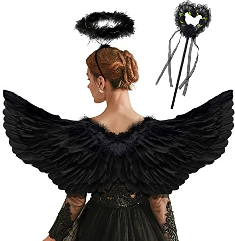 Goenb Alas de ángel, 80 x 41 cm, alas de ángel negras, disfraz de ángel para mujer, niños, hombres, adultos, alas de ángel, disfraz de cupido, para Halloween, carnaval, cumpleaños