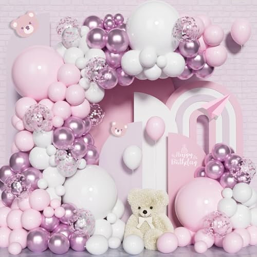 Kit Arco Ghirlanda Palloncini Rosa, 127Pcs Kit Arco Palloncino Rosa Bianco Macaron, Palloncino Rosa Metallico con Palloncini Coriandoli per Donne Addio al Nubilato Compleanno Matrimonio Anniversario