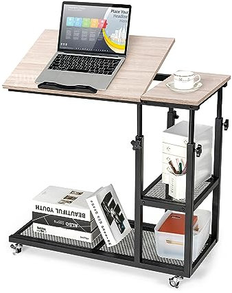 LIFEZEAL Mobiler Laptoptisch, Höhenverstellbarer Schreibtisch, Beistelltisch mit Verstellbarer Tischplatte und Rollen mit Bremsen, C-förmiger Stehpult für Wohnzimmer, Arbeitzimmer & Büro (Natur)