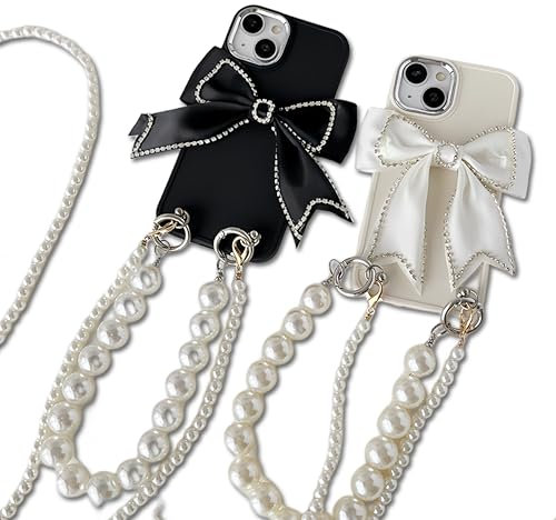 Inqzen Handyhülle mit Kette für iPhone15, Hülle mit Kette, iPhone15 Handyhülle mit Perlenarmband, Perlenkette, Halskette mit Schleife, Handyhülle mit Perlen (Weiß, iPhone 7/8/SE 2020)